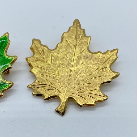 Vintage Gold Tone Enamel Maple Leaf Brooch Pins Set Of 3 Gold Green & Brown - Picture 5 of 10